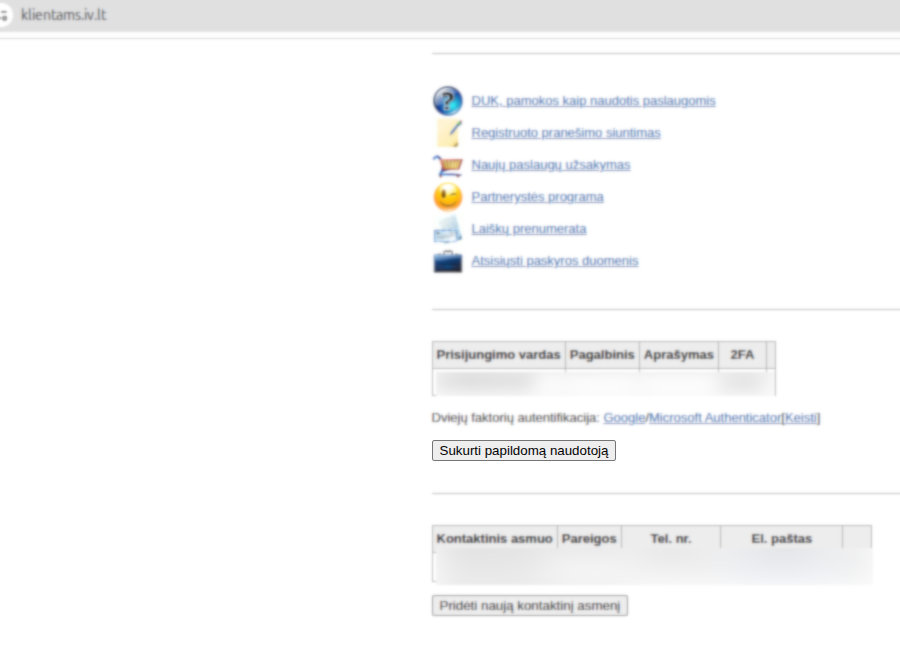 Interneto vizijos pagrindinis puslapis su mygtuku „Sukurti papildomą naudotoją"