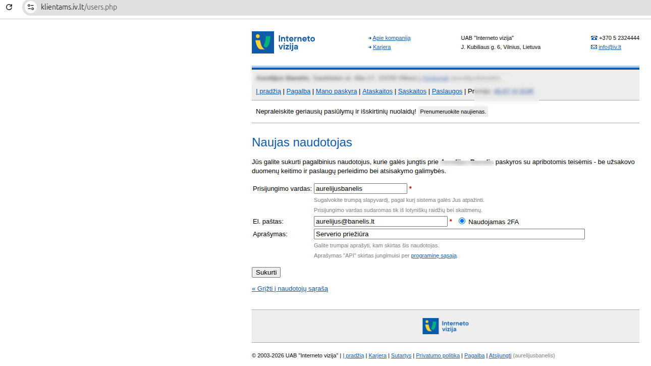 Naujo naudotojo kūrimo forma